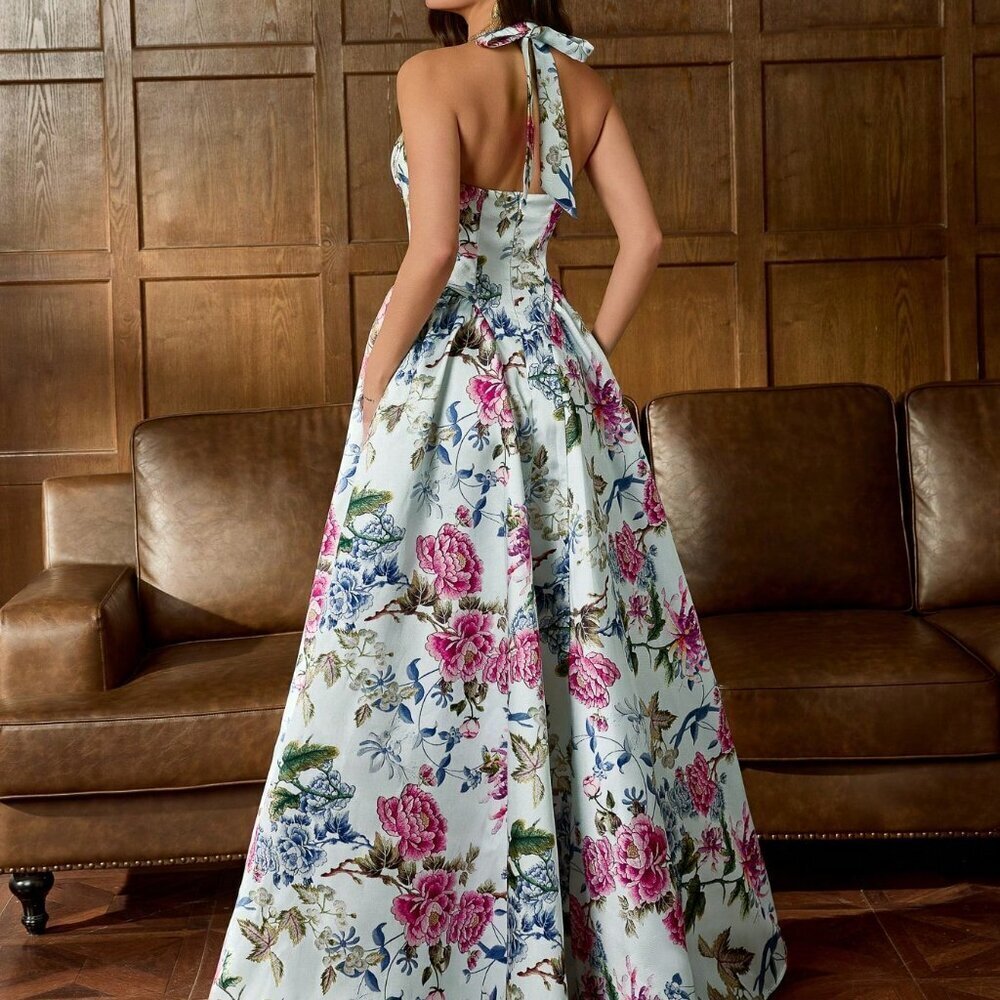 Baby Blue Elegant Women's Floral Satin Gown - Picture 2 of 9